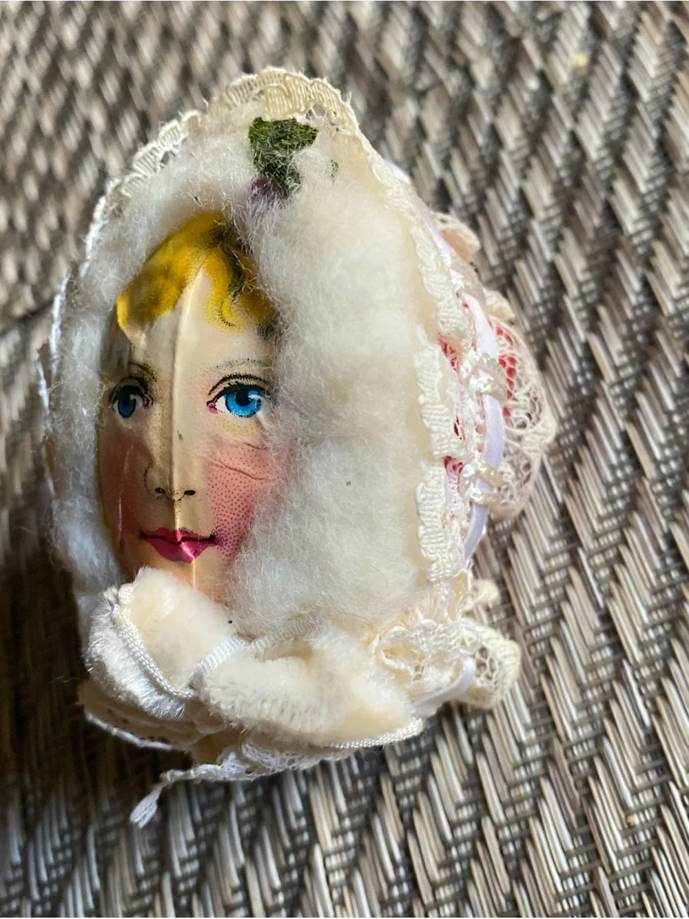 Antique German Spun Cotton Christmas Ornament Paper Scrap Face Red Crepe Back